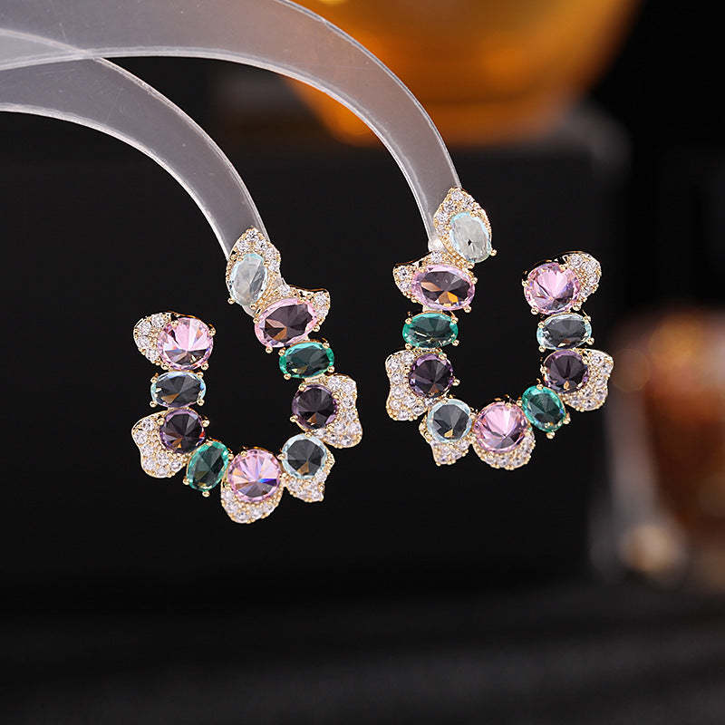 Korean new earrings candy color C-shaped earrings for women simple sweet temperament S925 silver needle color zirconium wreath earrings-Mix MIx Style