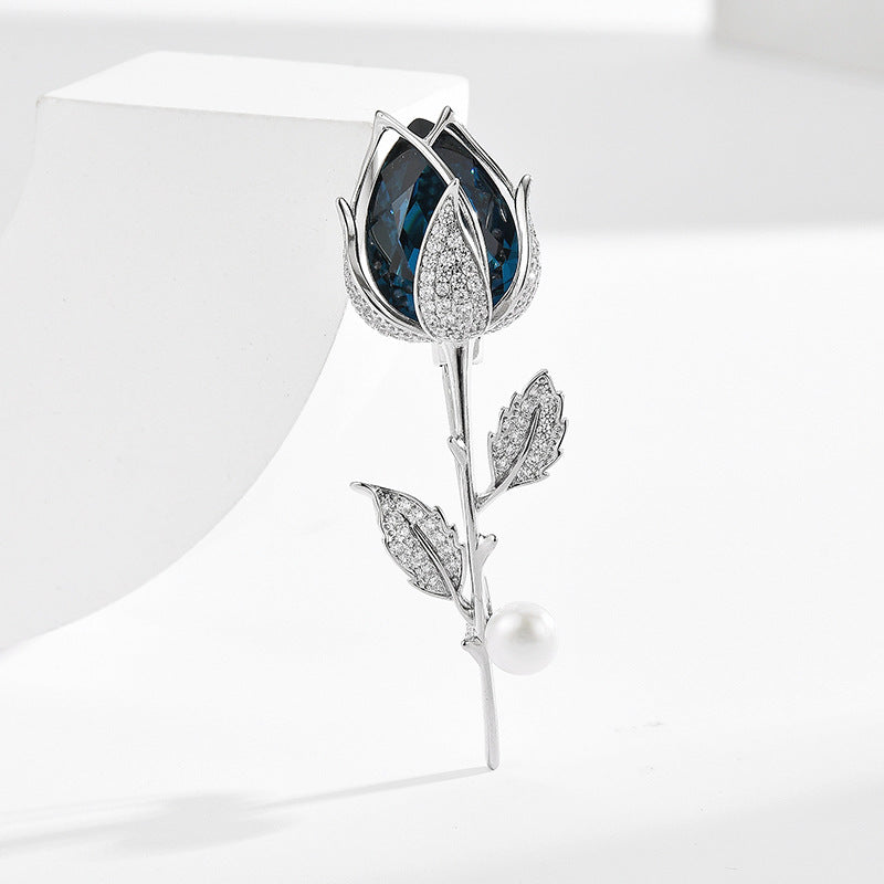 2023 Light luxury high-end crystal rose brooch zircon tulip suit accessories corsage pearl temperament brooch-Mix MIx Style