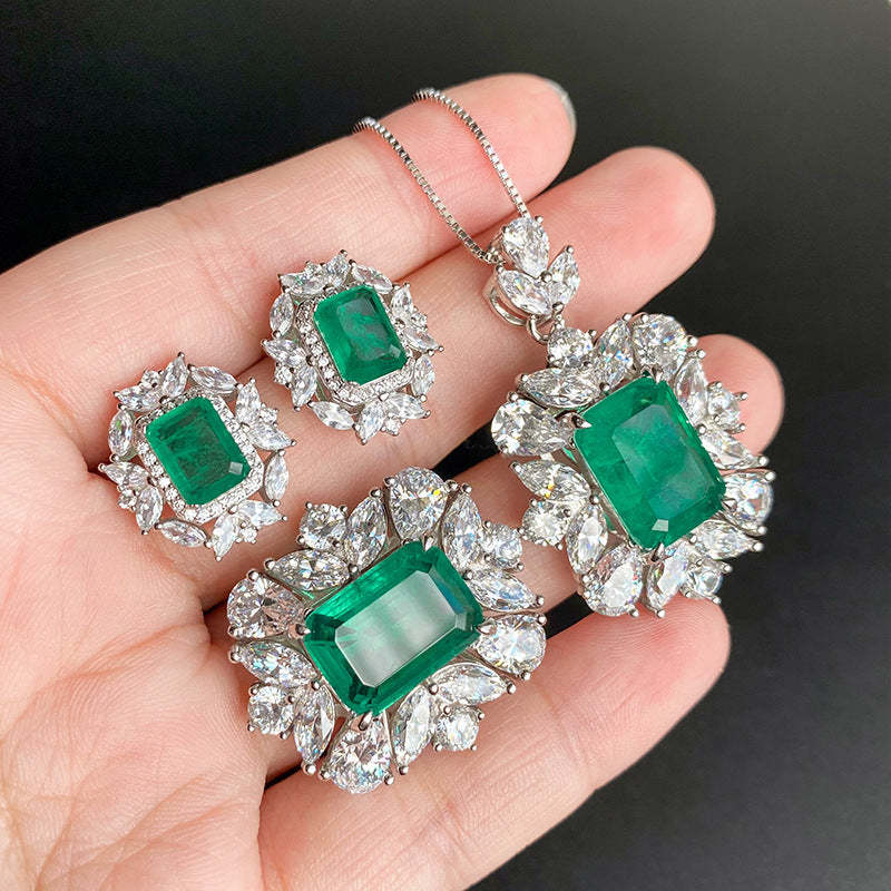 White Vintage Retro Pendant Green Emerald Cut Diamond Luxury 18k Gold Plated Necklace Earring & Ring Jewelry Set | Mix Mix Style-Mix MIx Style