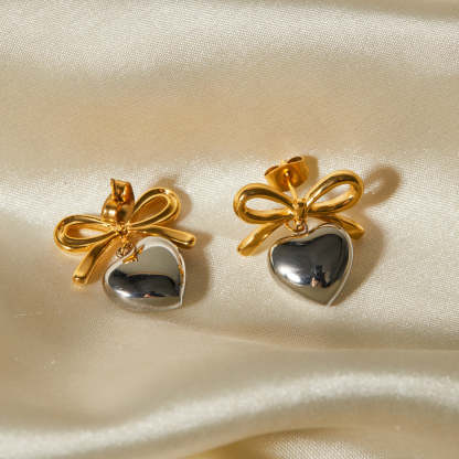 Bow & Heart Glossy Shaped Trendy Elegant 18k Vermeil/White Gold Plated Drop Earrings | Mix Mix Style-Mix MIx Style