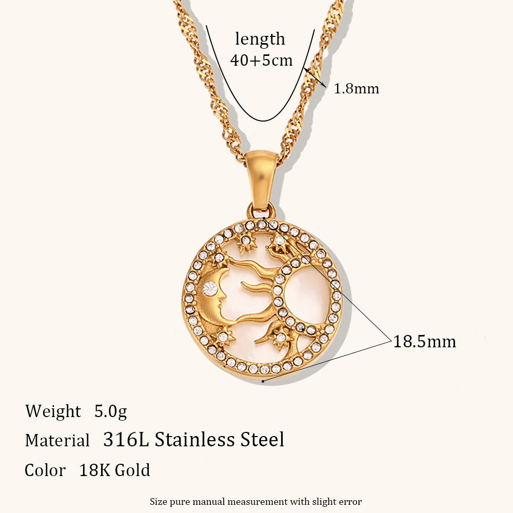 Circle Moon & Sun Retro Classic Pendant White Diamonds Luxury 18k Vermeil Gold Plated Necklace Jewelry | Mix Mix Style-Mix MIx Style
