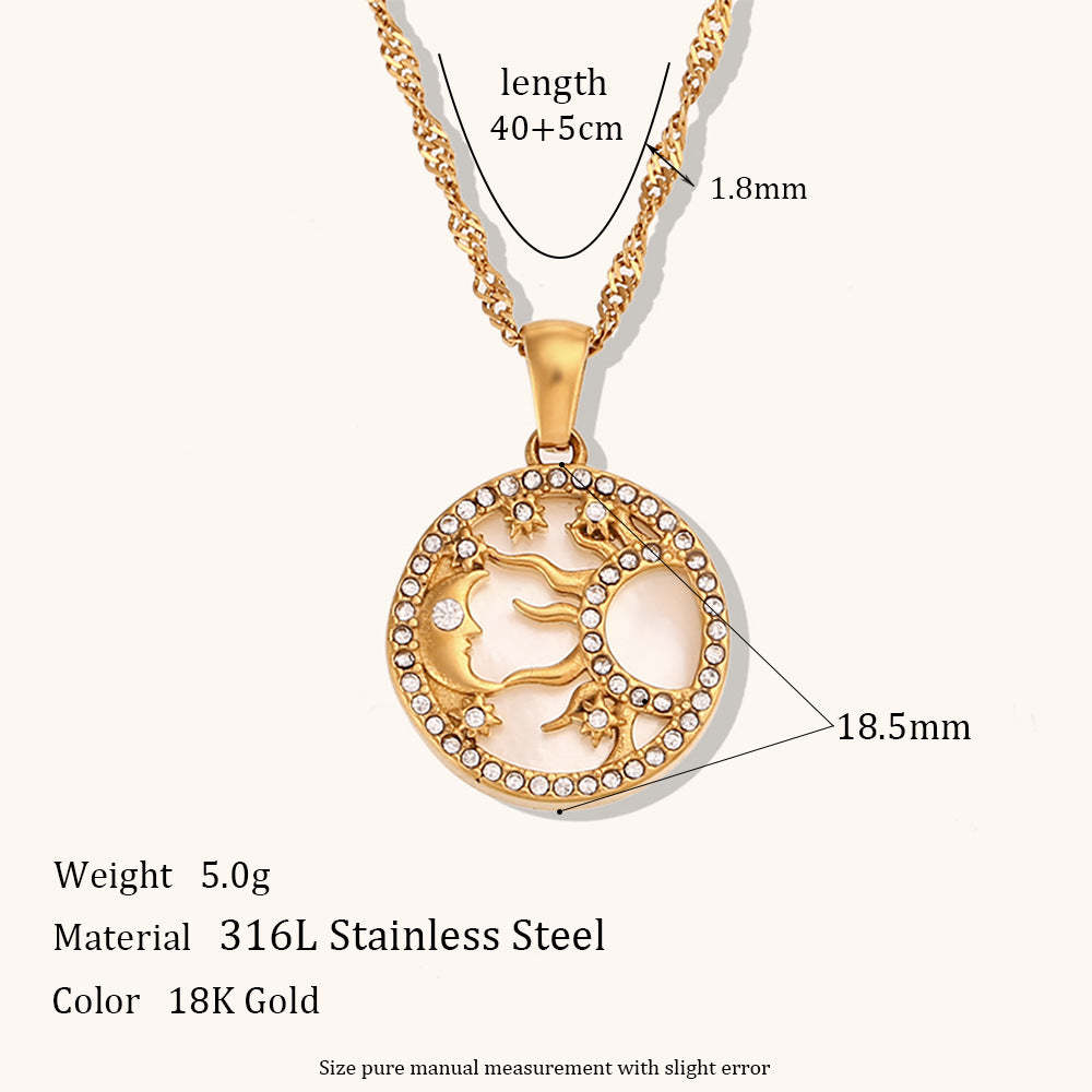 Circle Moon & Sun Retro Classic Pendant White Diamonds Luxury 18k Vermeil Gold Plated Necklace Jewelry | Mix Mix Style-Mix MIx Style