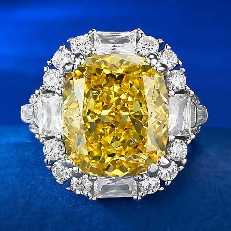Mujing Jewelry High-end Simulation 8ct Diamond 12*14 Wedding Ring High Carbon Diamond Ice Flower Cut Yellow Diamond S925 Sterling Silver Ring Women Quick Sale-Mix MIx Style