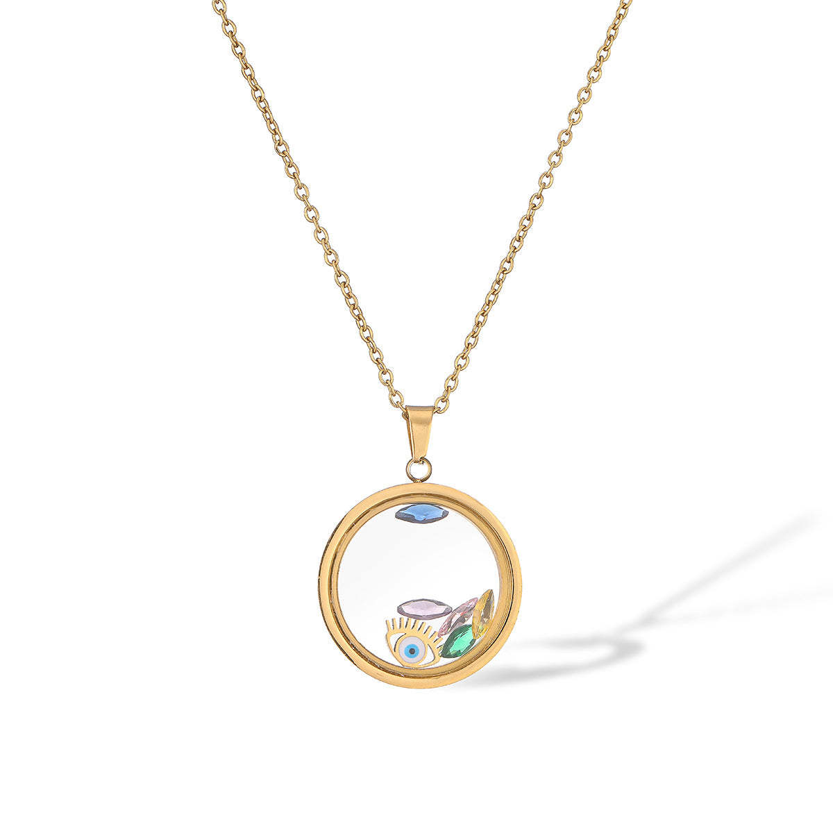 Retro Round Transparent Pendant Luxury Devils Eyes 18k Vermeil Gold Plated Necklace Jewelry | Mix Mix Style-Mix MIx Style
