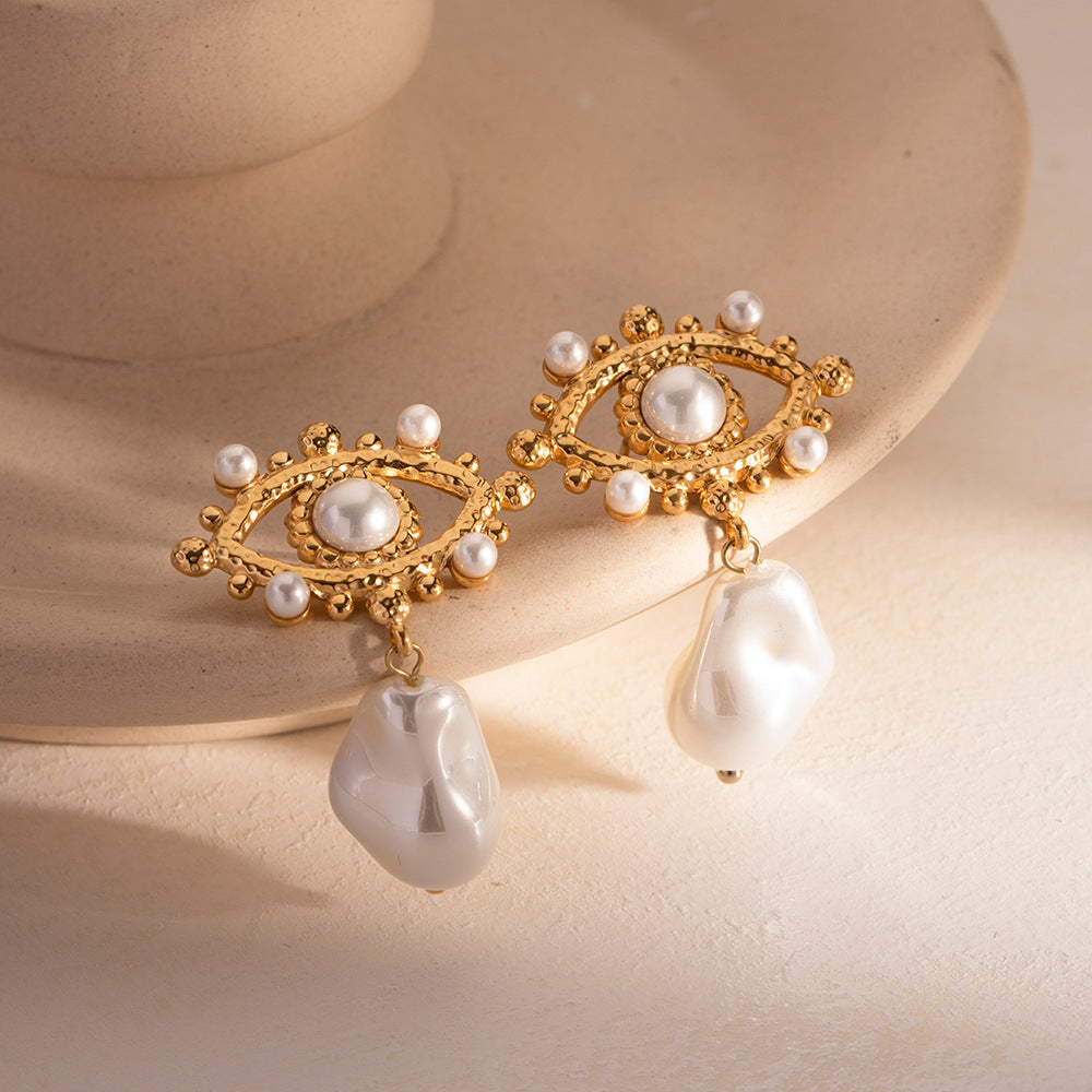 Devil's Eye - Flower Trendy White Akoya Pearl Elegant 18k Vermeil Gold Plated Drop Earrings | Mix Mix Style-Mix MIx Style