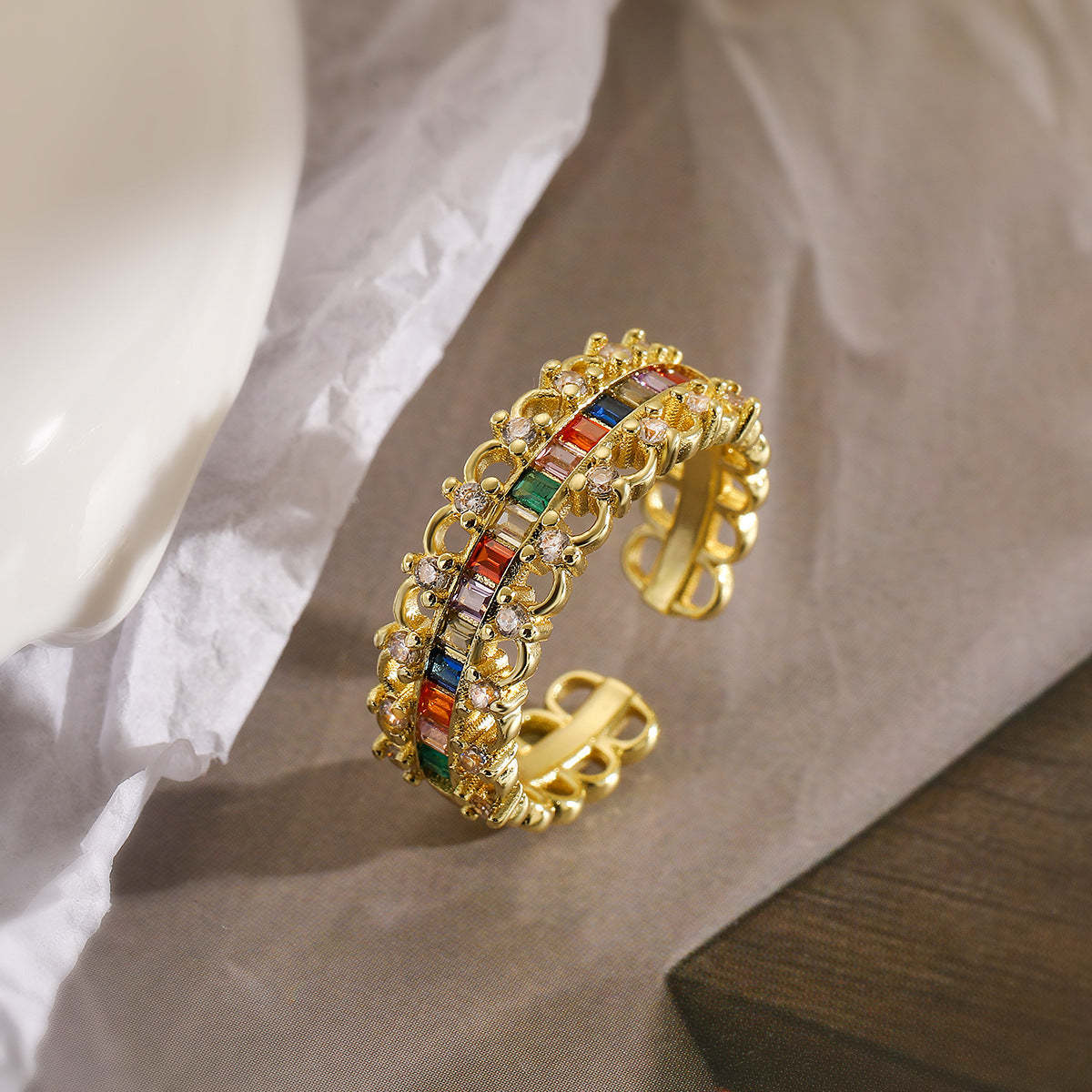 Australian, ancient, European and American niche light luxury copper-plated 18K gold zircon love geometric open ring women's fashion high-end ring-Mix MIx Style