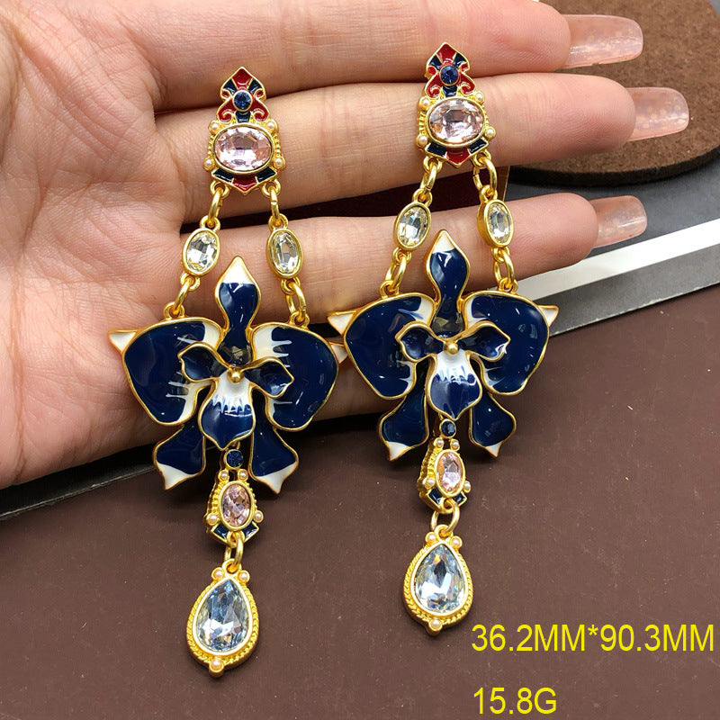 Blue - Pink Flower Shaped Drop Pear Cut Moissanite Diamonds Luxury 18k Vermeil Gold Plated Drop Earrings | Mix Mix Style-Mix MIx Style