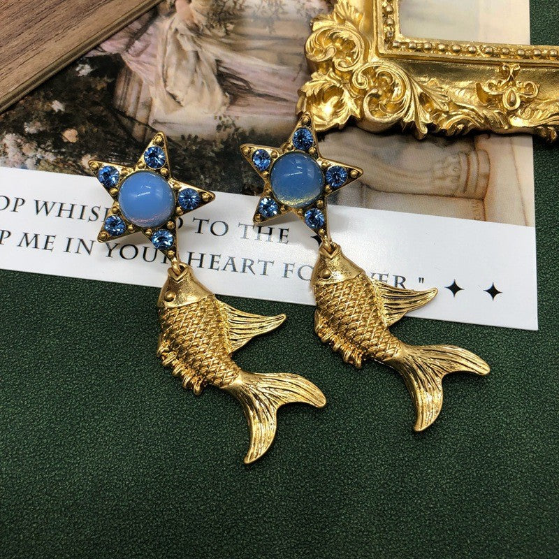 Blue Star Goldfish Shaped Pendant Moissanite Diamonds 18k Vermeil Gold Plated Drop Earrings | Mix Mix Style-Mix MIx Style