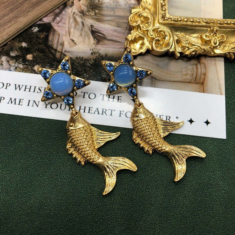 Blue Star Goldfish Shaped Pendant Moissanite Diamonds 18k Vermeil Gold Plated Drop Earrings | Mix Mix Style-Mix MIx Style