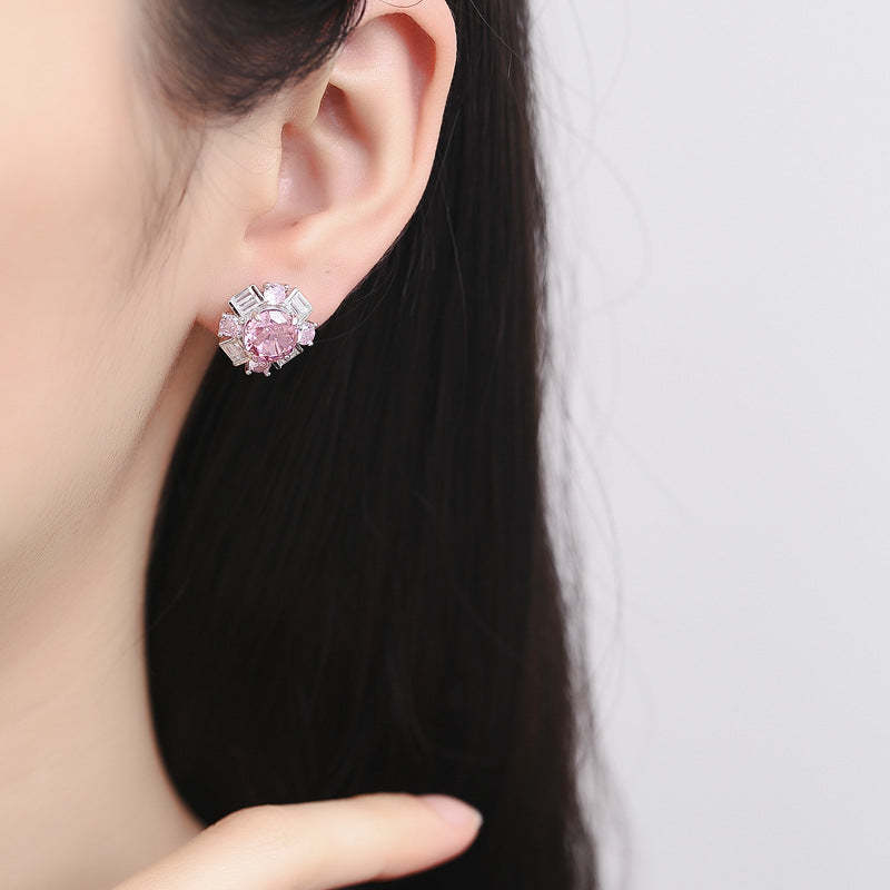 Fashionable and luxurious 925 sterling silver high carbon diamond padparadscha pink women's earrings ice flower cut princess style silver jewelry-Mix MIx Style