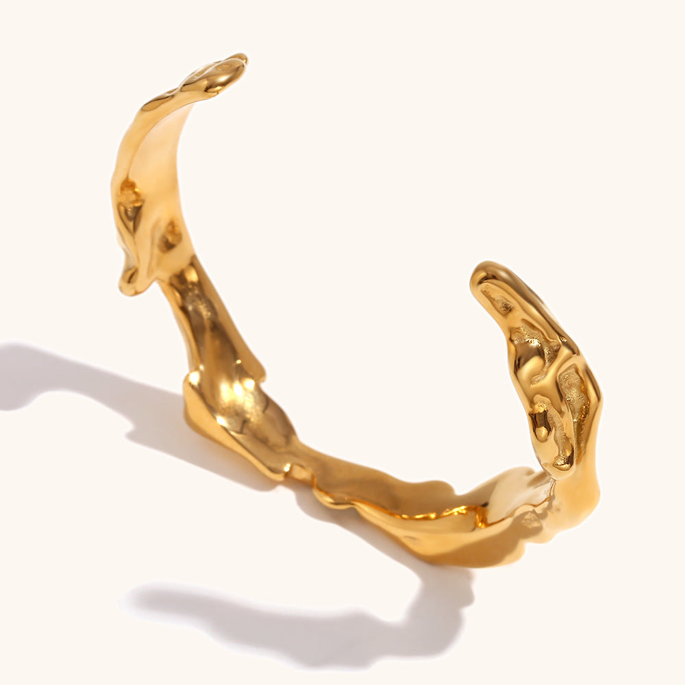 European and American cross-border hot selling personalized hand jewelry stainless steel plated 18K gold open irregular hammered pattern wave bracelet for women-Mix MIx Style