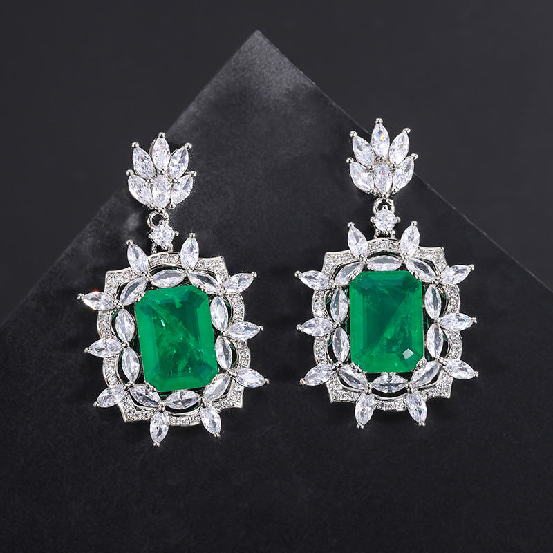 Green Aquamarine Retro Pendant Emerald Cut Diamond Luxury 18k White Gold Plated Necklace Earring Ring Jewelry Set | Mix Mix Style-Mix MIx Style