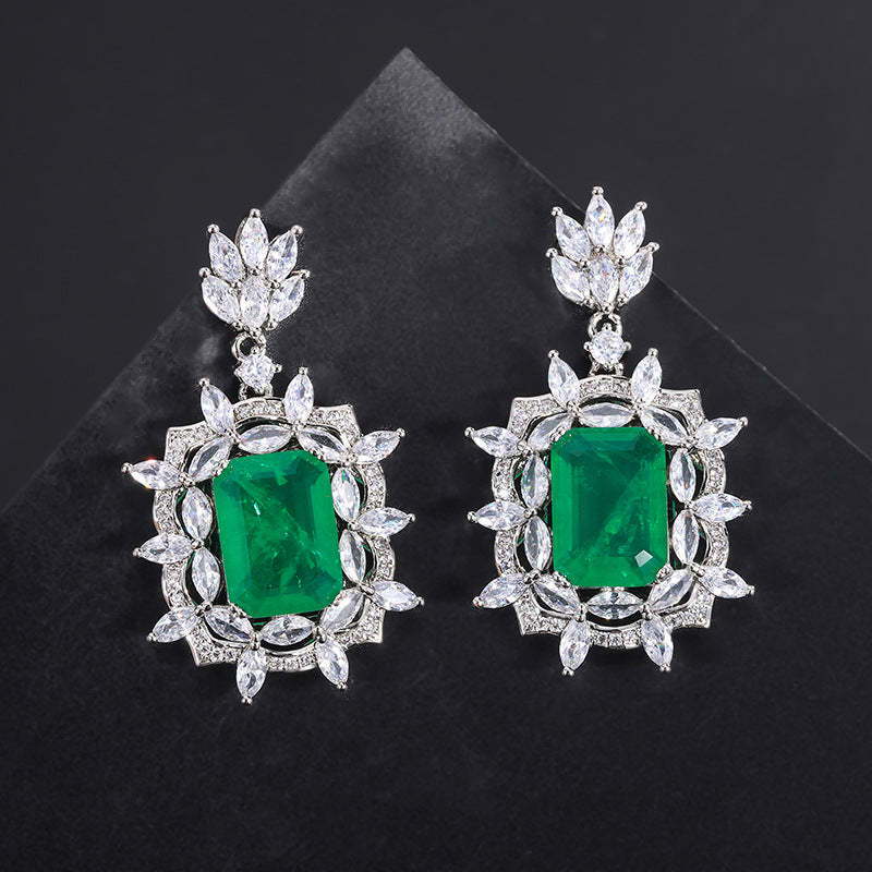 Green Aquamarine Retro Pendant Emerald Cut Diamond Luxury 18k White Gold Plated Necklace Earring Ring Jewelry Set | Mix Mix Style-Mix MIx Style