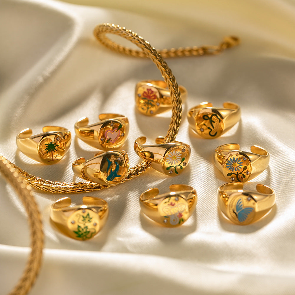 European and American ins style cross-border enamel painting high-grade amulet open ring does not fade trendy all-match ring-Mix MIx Style