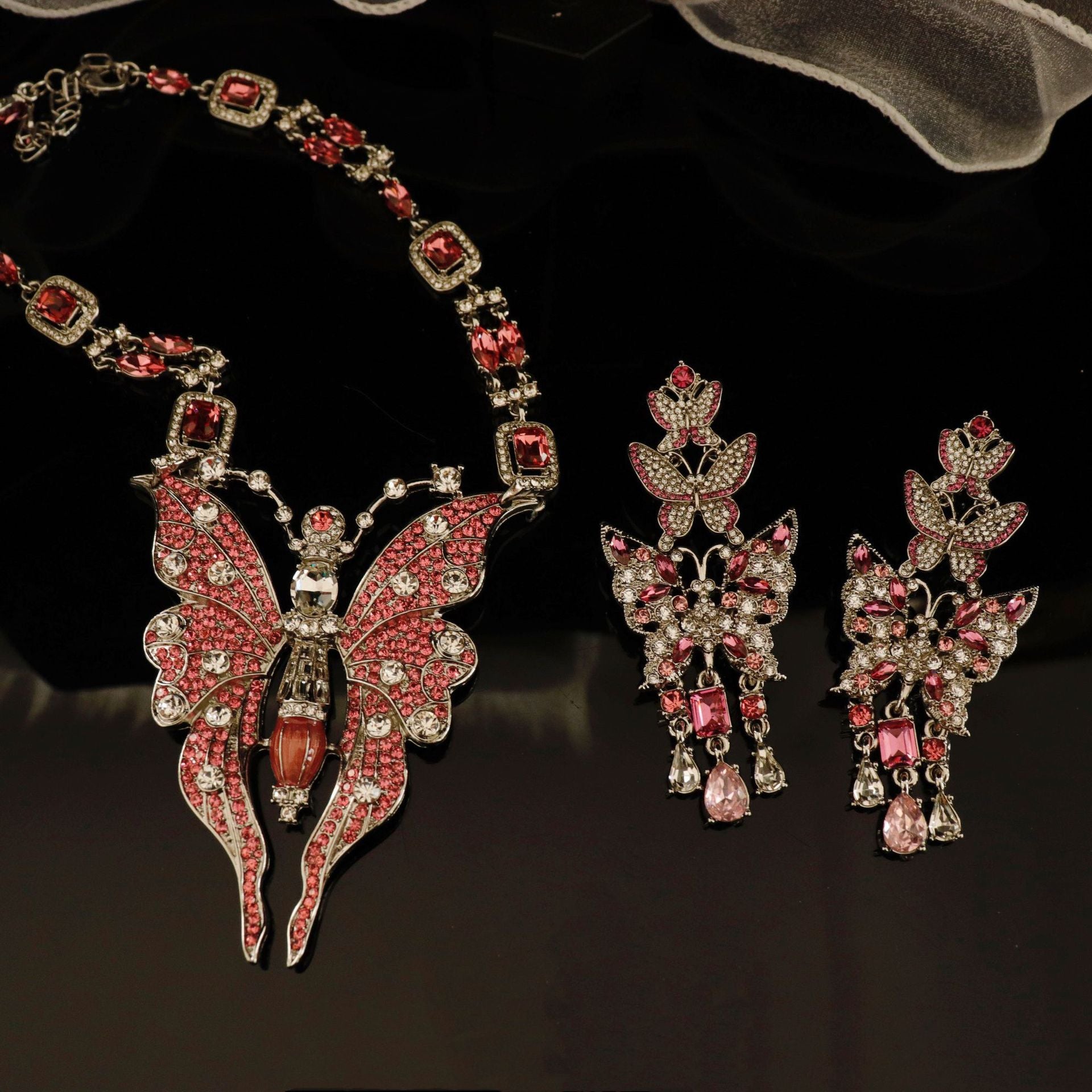 Pink Big Butterfly Retro Classic Pendant Cushion Cut Diamonds Luxury 18k Gold Plated Necklace & Drop Earrings Jewelry Set | Mix Mix Style-Mix MIx Style