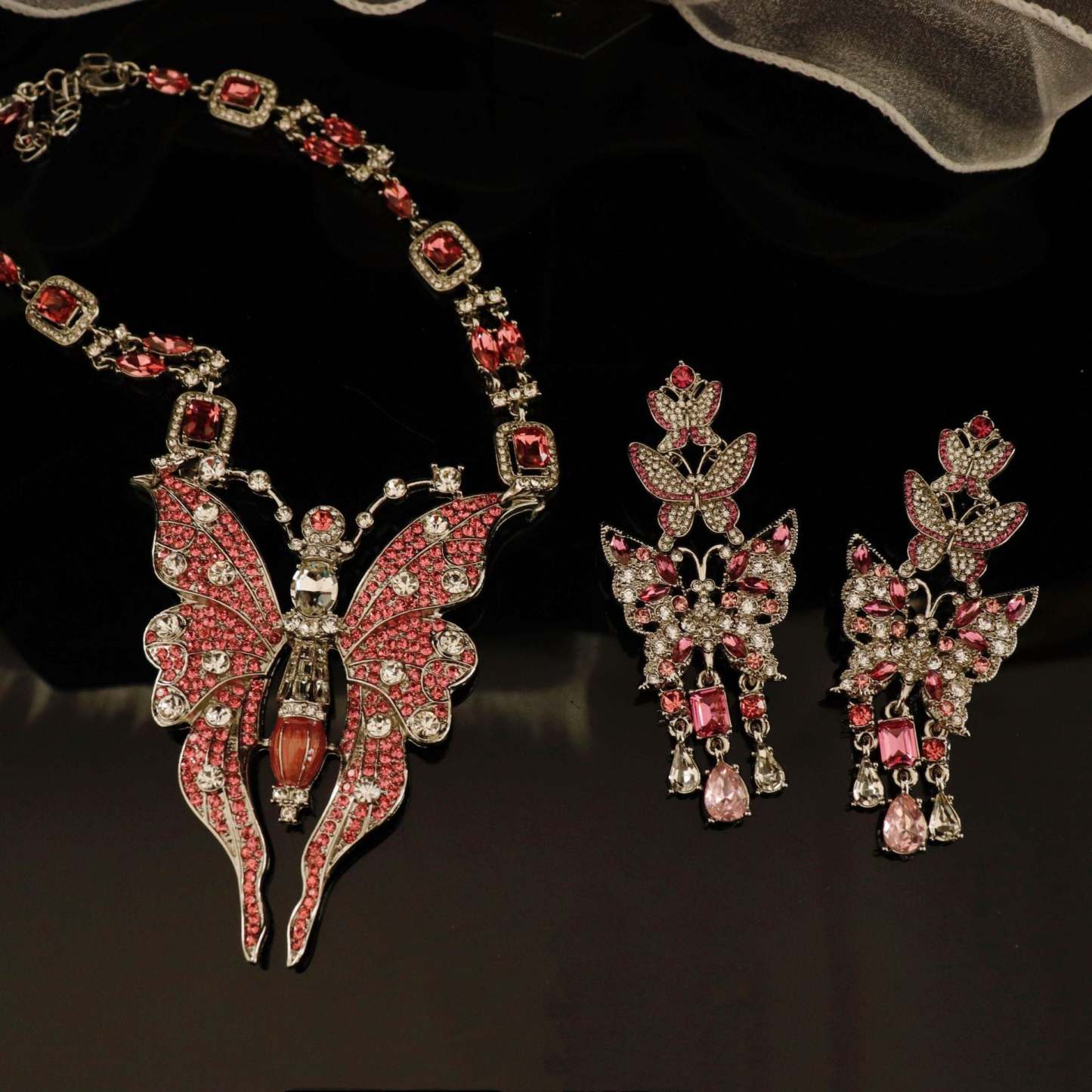 Pink Big Butterfly Retro Classic Pendant Cushion Cut Diamonds Luxury 18k Gold Plated Necklace & Drop Earrings Jewelry Set | Mix Mix Style-Mix MIx Style