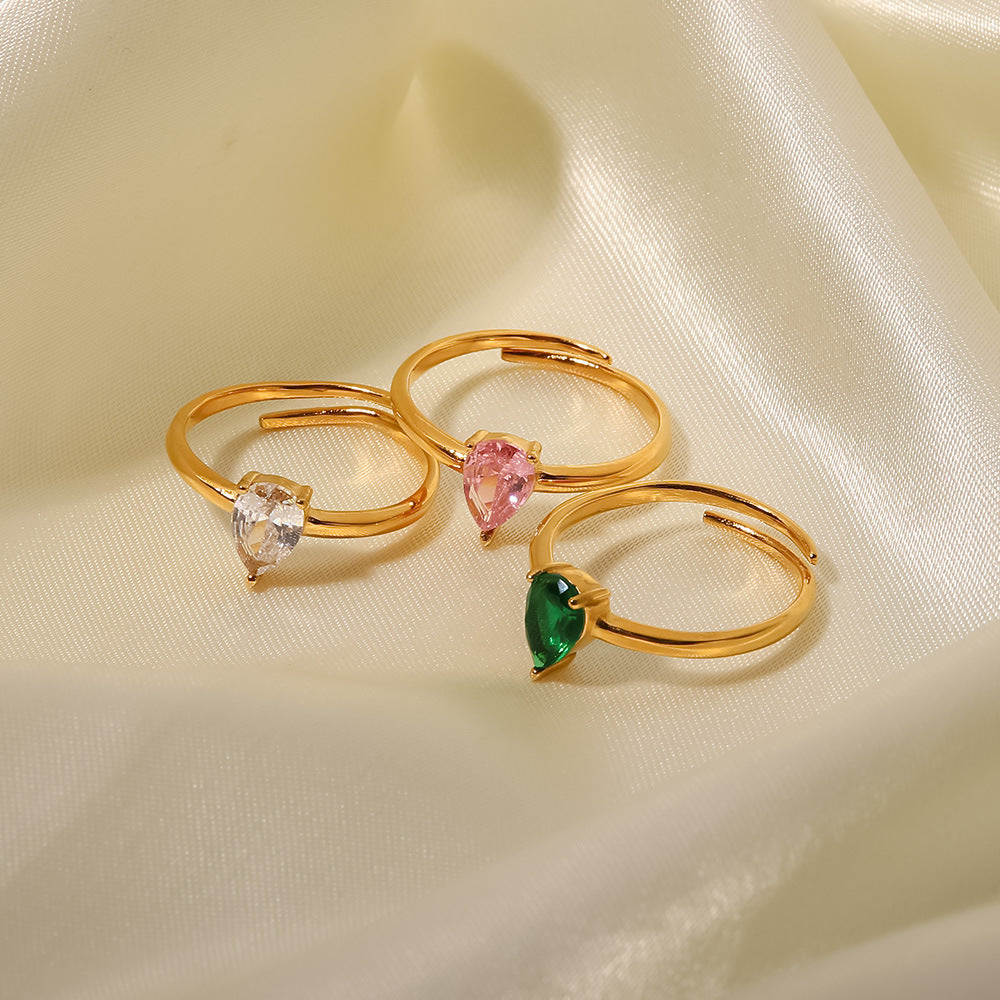 INS French fine titanium steel ring 18K gold white/green/pink teardrop-shaped zircon adjustable ring-Mix MIx Style