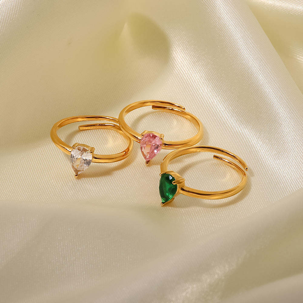 INS French fine titanium steel ring 18K gold white/green/pink teardrop-shaped zircon adjustable ring-Mix MIx Style