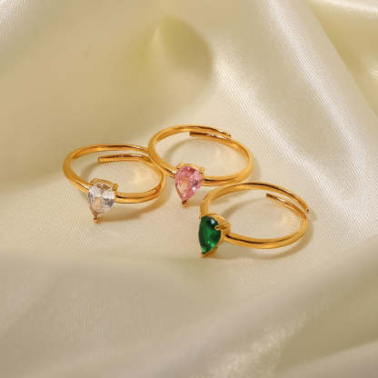 INS French fine titanium steel ring 18K gold white/green/pink teardrop-shaped zircon adjustable ring-Mix MIx Style