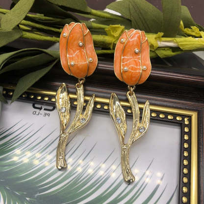 Timeless Purple - Yellow - Orange Tulip Flower Shaped 18k Vermeil Gold Plated Drop Earrings | Mix Mix Style-Mix MIx Style
