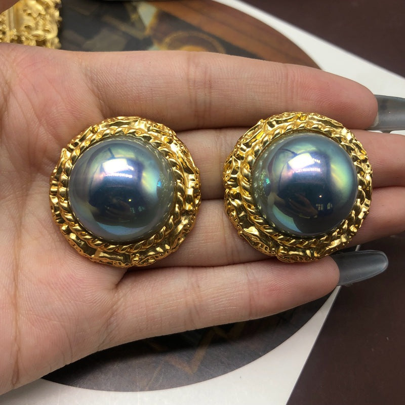 Retro Circle Half-ball Timeless Akoya Pearl Elegant 18k Vermeil Gold Plated Stud Earrings | Mix Mix Style-Mix MIx Style