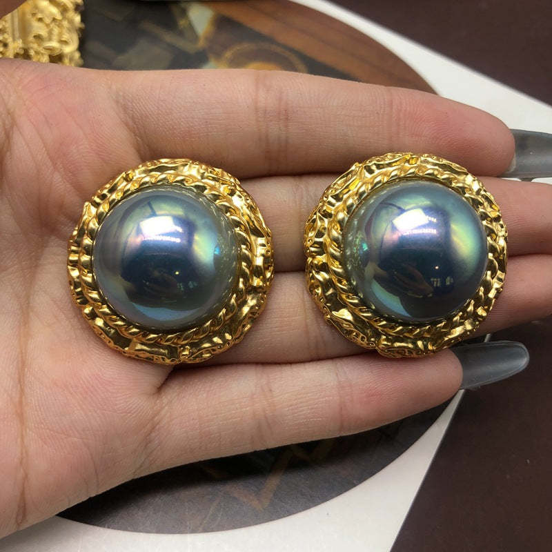 Retro Circle Half-ball Timeless Akoya Pearl Elegant 18k Vermeil Gold Plated Stud Earrings | Mix Mix Style-Mix MIx Style