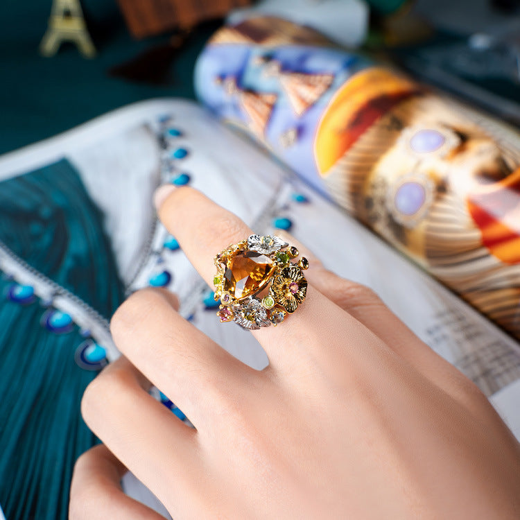 Imitation natural citrine colored gemstone ring Italian court jewelry craftsmanship brilliant high-end open ring-Mix MIx Style