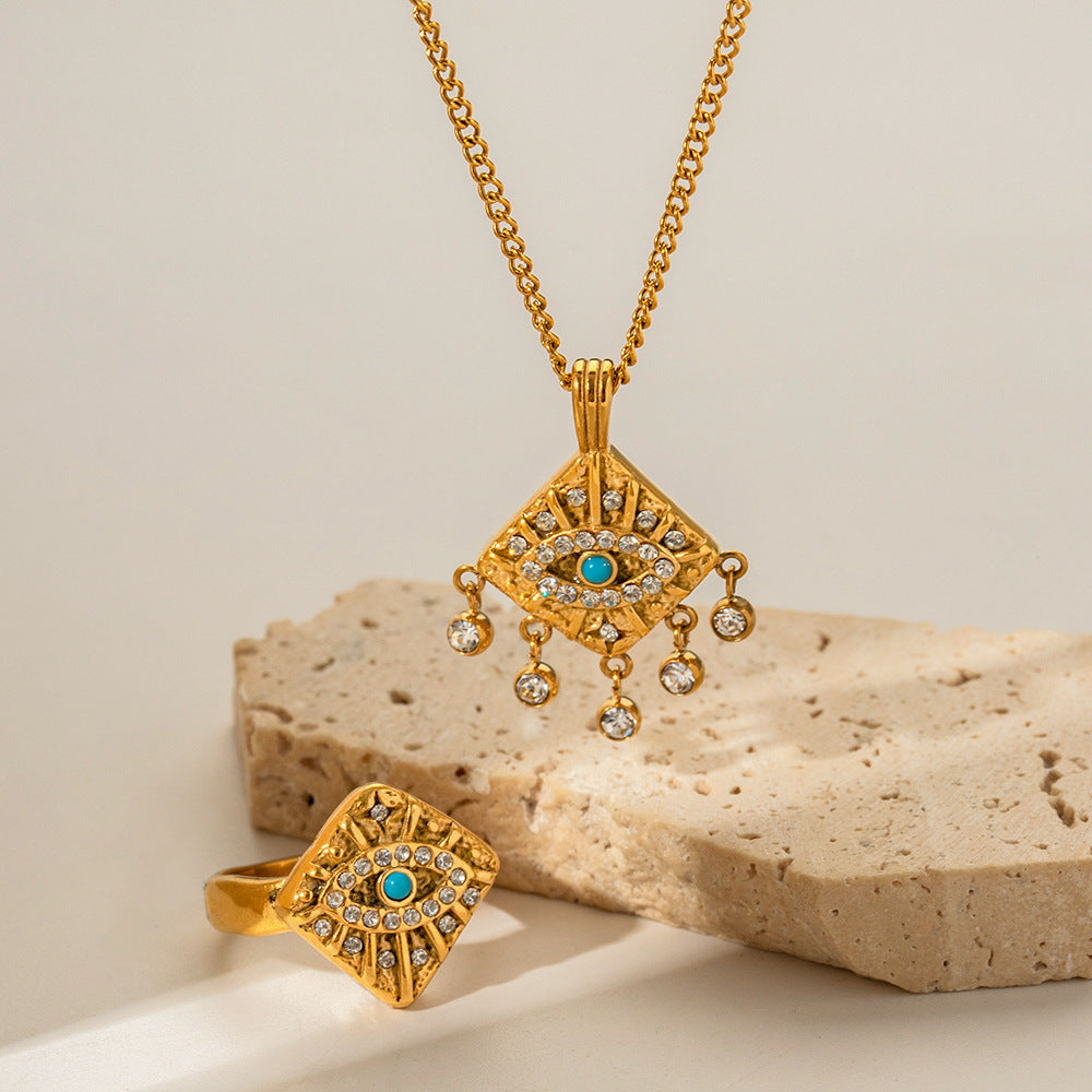 Turquoise Devils Eye Retro  Pendant White Diamonds Luxury 18k Gold Plated Necklace & Ring Jewelry Set | Mix Mix Style-Mix MIx Style