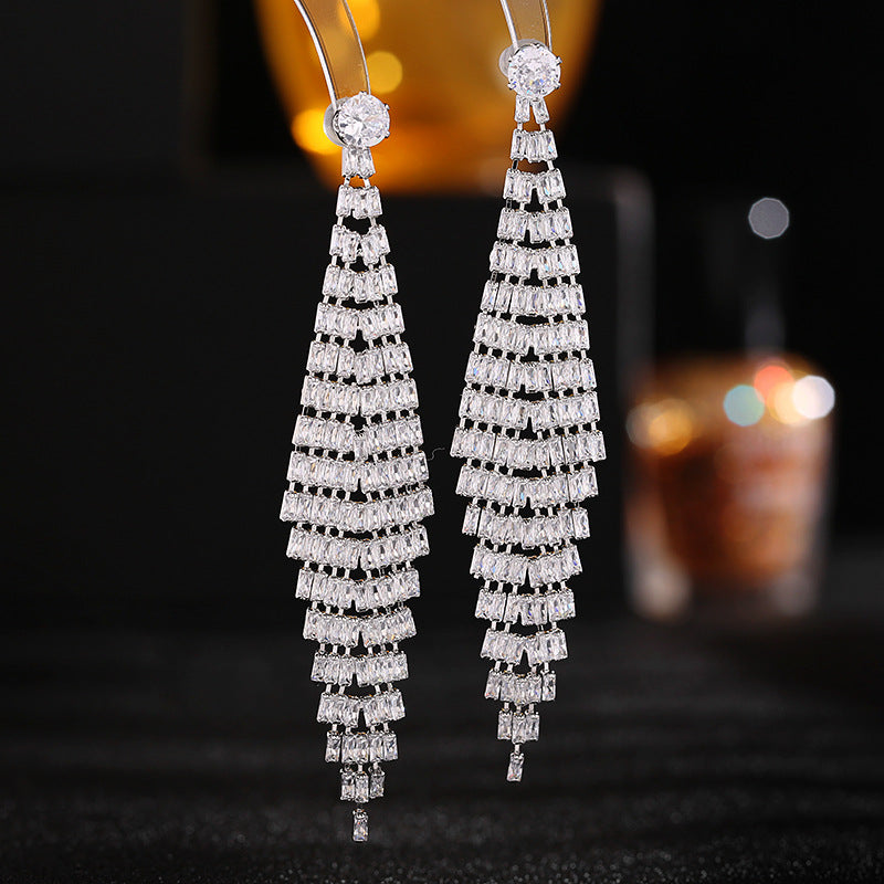 New exaggerated atmosphere wedding dress with earrings s925 silver needle zircon long face-modifying tassel earrings-Mix MIx Style
