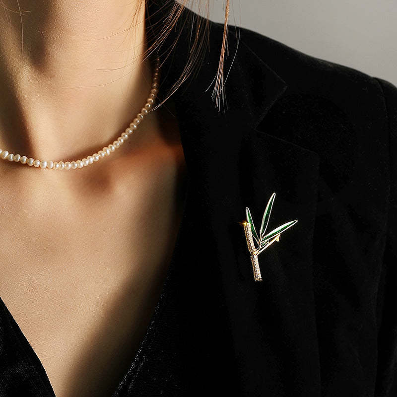 Xiliang Concubine high-end ancient bamboo brooch elegant green enamel leaf zircon brooch cheongsam accessories pin-Mix MIx Style