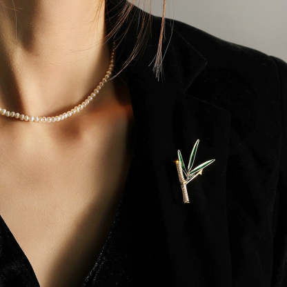 Xiliang Concubine high-end ancient bamboo brooch elegant green enamel leaf zircon brooch cheongsam accessories pin-Mix MIx Style
