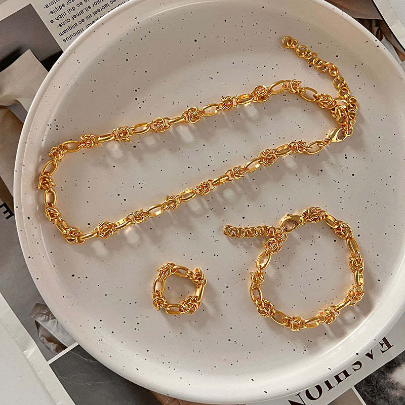 Vintage Retro Minimalist Thick Chain 18k Vermeil Gold Plated Necklace Earring & Ring Jewelry Set | Mix Mix Style-Mix MIx Style