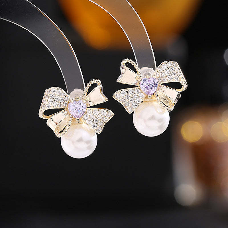 Red - Pink - Purple Bow Dazzling Akoya Pearl & Heart Cut Moissanite Di