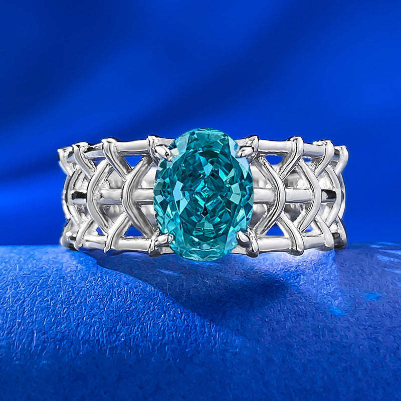 Mujing Jewelry Live S925 Silver Paraiba Tourmaline Light Luxury Ins Style 6*8 Oval Pigeon Egg Ring-Mix MIx Style