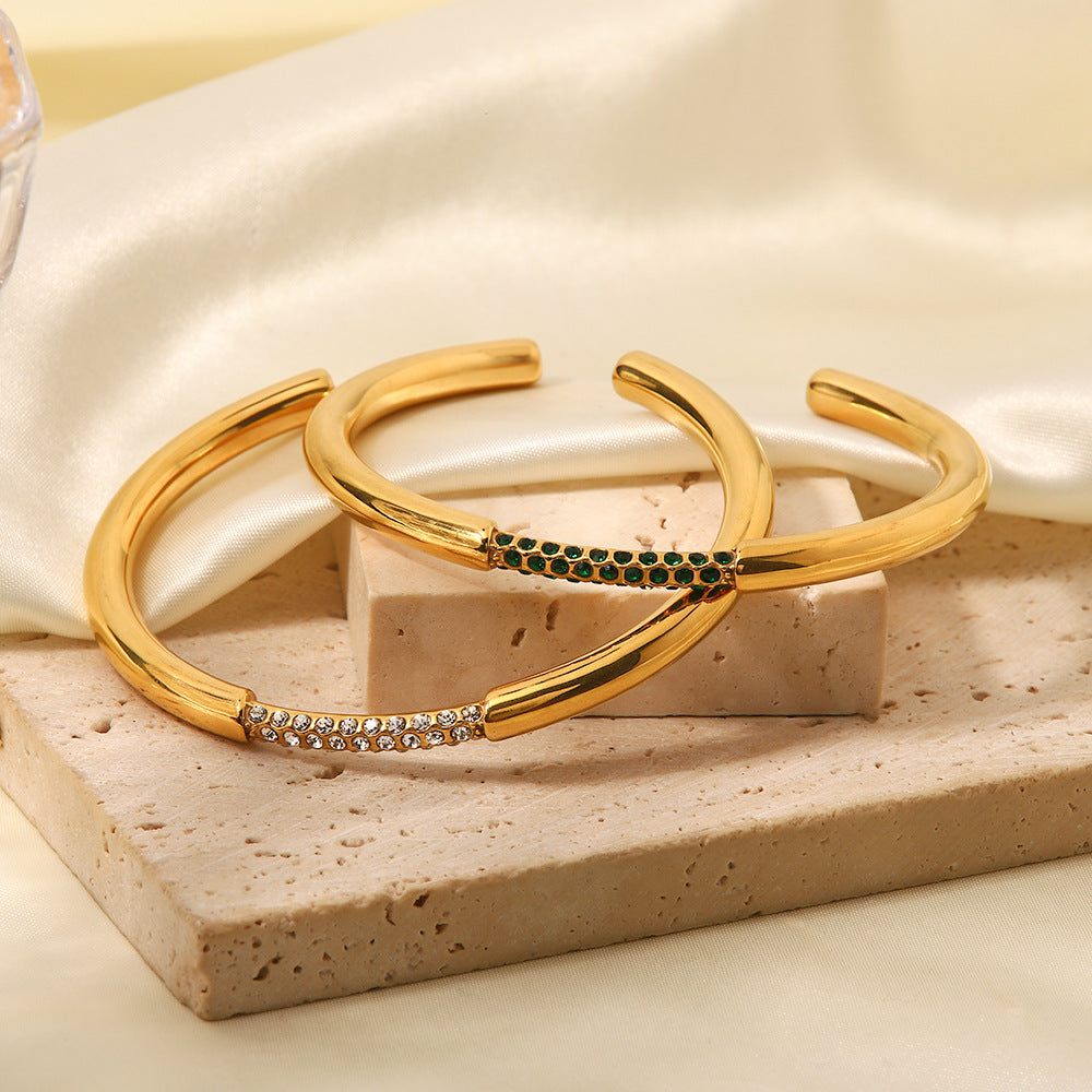 Cross-border INS Internet celebrity design 18K gold stainless steel inlaid green diamond open bracelet vacuum plating trendy hand jewelry-Mix MIx Style
