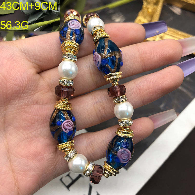 Unique Blue Vintage Retro  White Akoya Pearls Luxury 18k Gold Plated Necklace Earring Jewelry Set | Mix Mix Style-Mix MIx Style