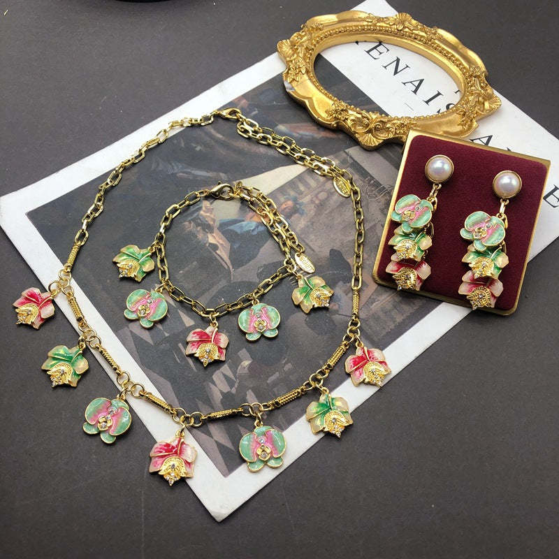 Multicolor Flowers Vintage Pendant Akoya Pearl Luxury 18k Gold Plated Necklace Earring Bracelet Jewelry Set | Mix Mix Style-Mix MIx Style