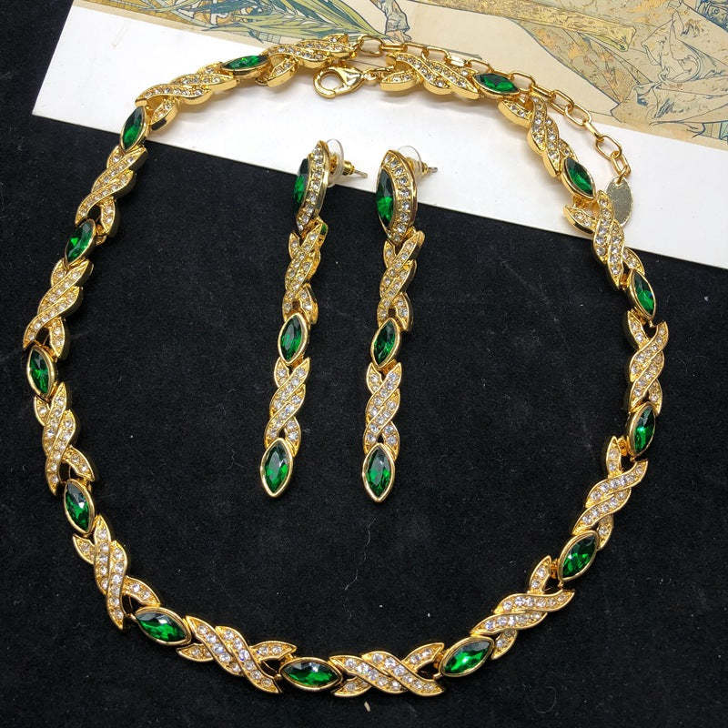 Green Vintage Classic Marquise Diamond Luxury 18k Vermeil Gold Plated Necklace Earrings Jewelry Set | Mix Mix Style-Mix MIx Style