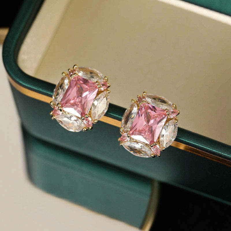 Simple temperament all-match niche design earrings for women s925 silver needle earrings high-grade super shiny pink zircon earrings-Mix MIx Style