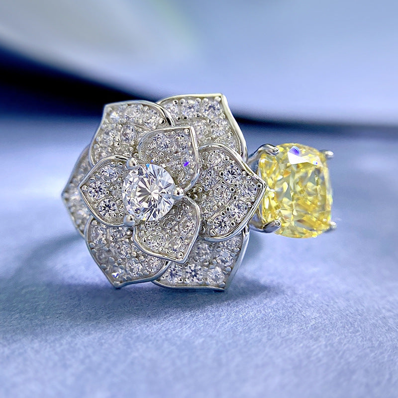 Flower Yellow Cushion Cut Moissanite Diamonds 18k White Gold Plated Engagement Ring | Mix Mix Style-Mix MIx Style