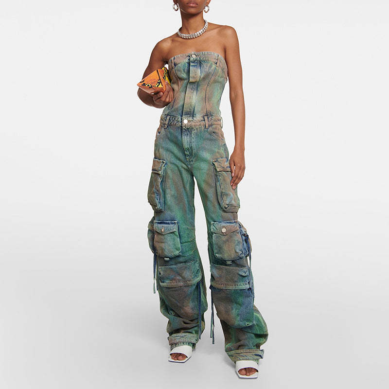 2024 Amazon new fashion spray color camouflage tube top integrated overalls European and American sexy hot girl jumpsuit female-Mix MIx Style