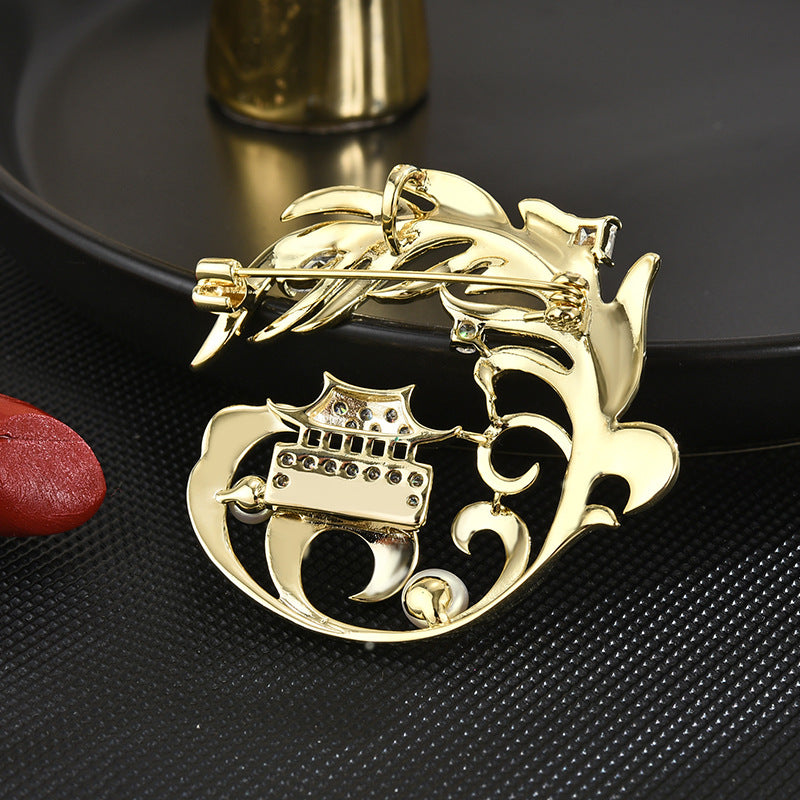 Chinese style pavilion feather elegant luxury brooch light luxury elegant suit coat elegant high-end corsage holiday gift-Mix MIx Style