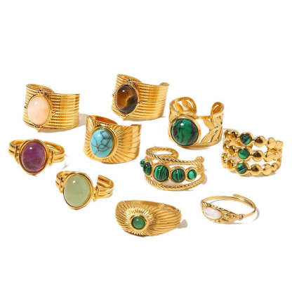 European and American retro stainless steel ring 18k gold plated ring inlaid with malachite jewelry wholesale-Mix MIx Style