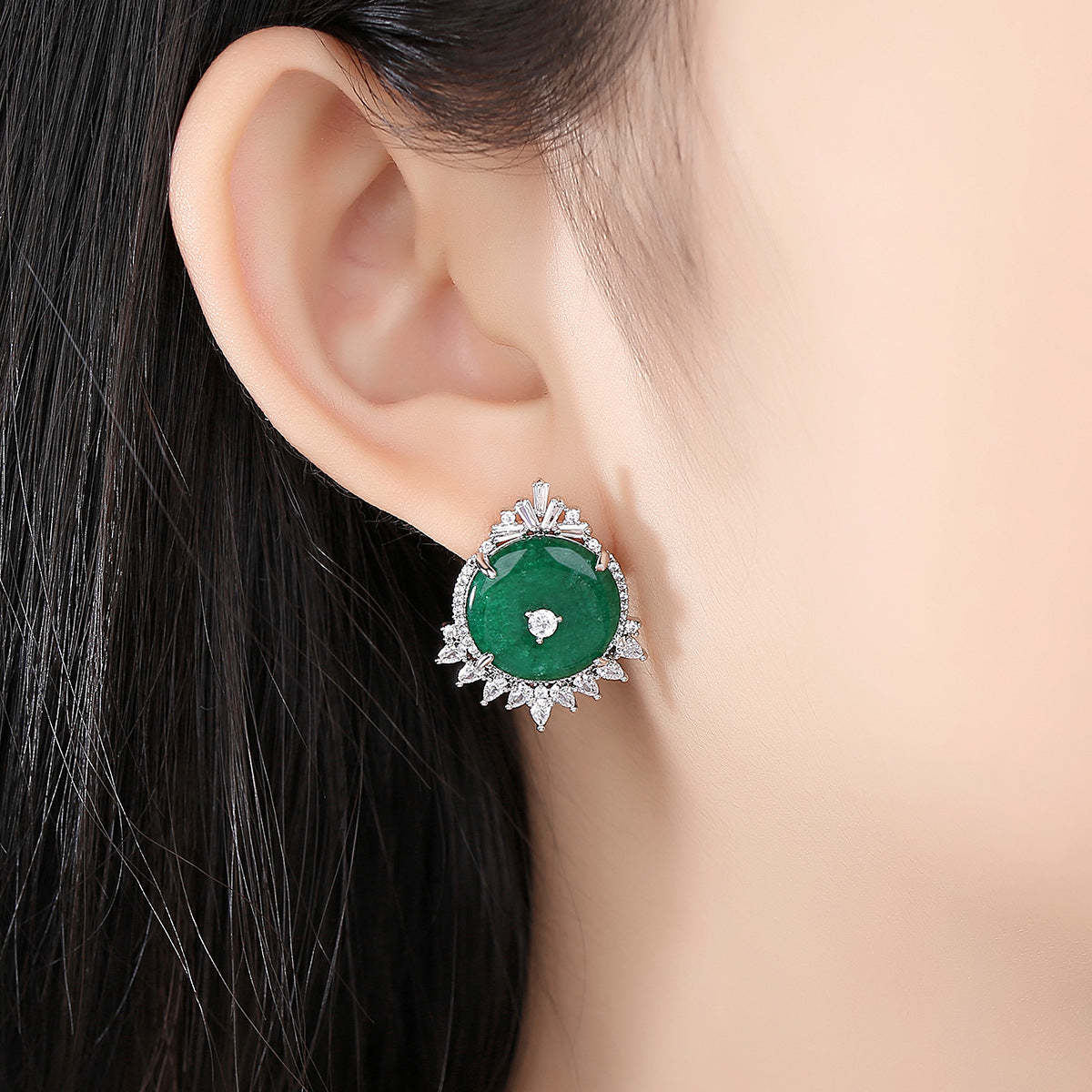 Green Circle Classic Moissanite Diamonds Elegant 18k White Gold Plated Vintage Retro Stud Earrings | Mix Mix Style-Mix MIx Style