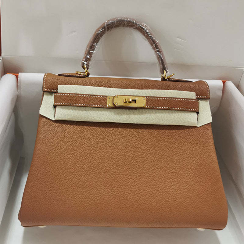 Handmade waxed togo leather Kelly bag shoulder crossbody small square bag handheld genuine leather litchi pattern platinum bag female-Mix MIx Style