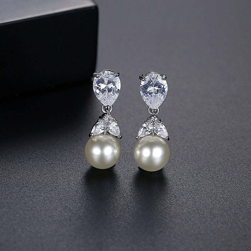 Jinse imitation pearl earrings steel needle copper zircon earrings female new style temperament fashion personality white water drop earrings-Mix MIx Style