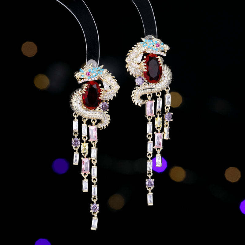 2024 New Zodiac Dragon Year Earrings for Women Light Luxury High-end Zircon Inlaid Personalized Long Tassel Dragon Earrings-Mix MIx Style