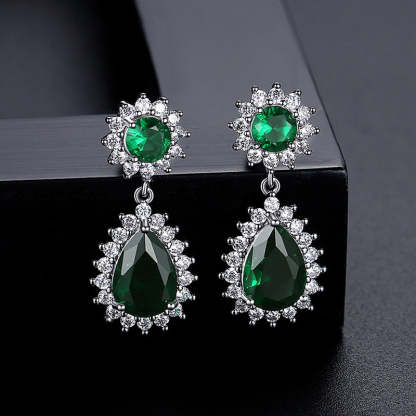 Green - Blue Trendy Pear Cut Moissanite Diamond Elegant 18k White Gold Plated Retro Drop Earrings | Mix Mix Style-Mix MIx Style