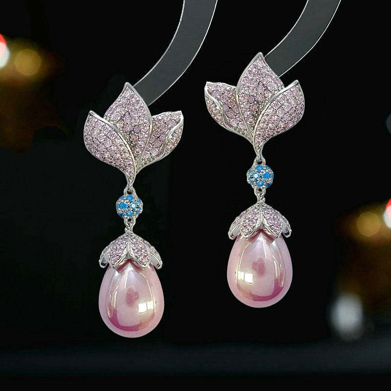 s925 silver needle French retro elegant temperament new earrings wholesale zircon inlaid flower drop pearl earrings-Mix MIx Style