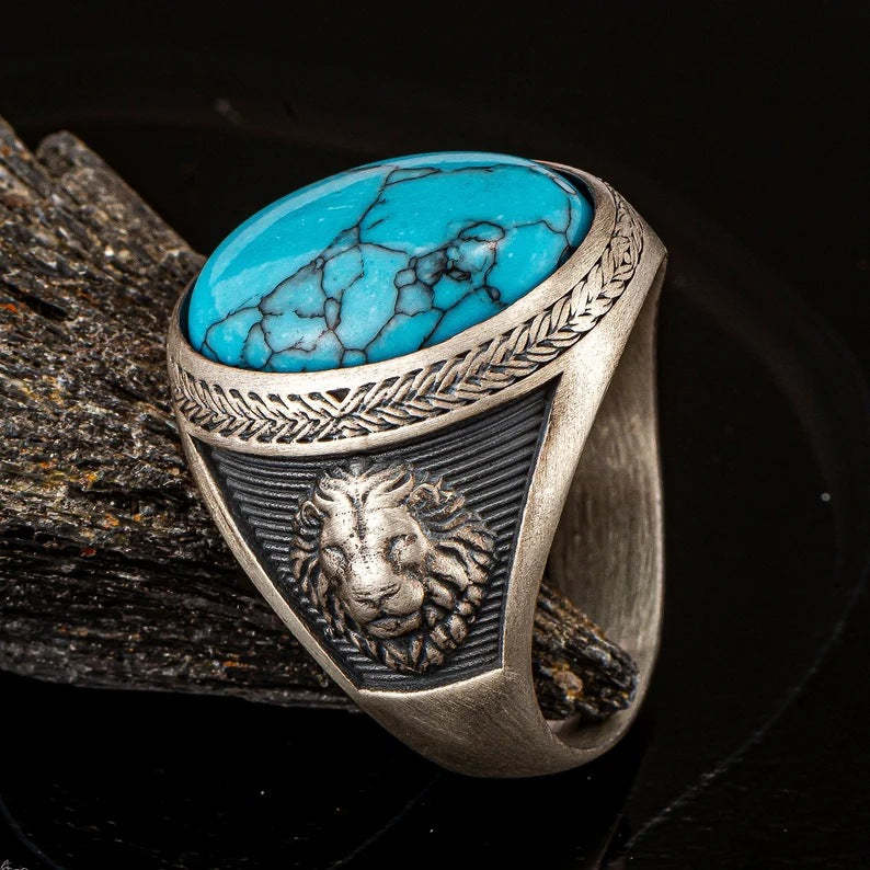 Turquoise Blue Marble Lion Carved 18k White Gold Plated Luxurious Retr